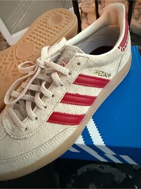 adidas Beige Suede Sneakers with Red Stripes
